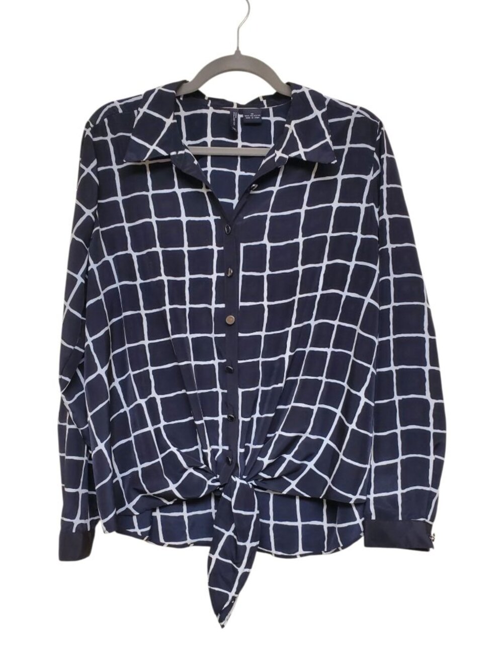 New Directions Woman's Black White Plaid Tie Hem Long Sleeve Button Up Plus 1X